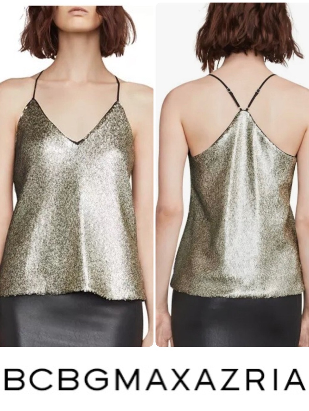 BCBGMaxAzria Nadya Metallic Gold Sequin V-Neck Camisole Tank Top Women’s XS